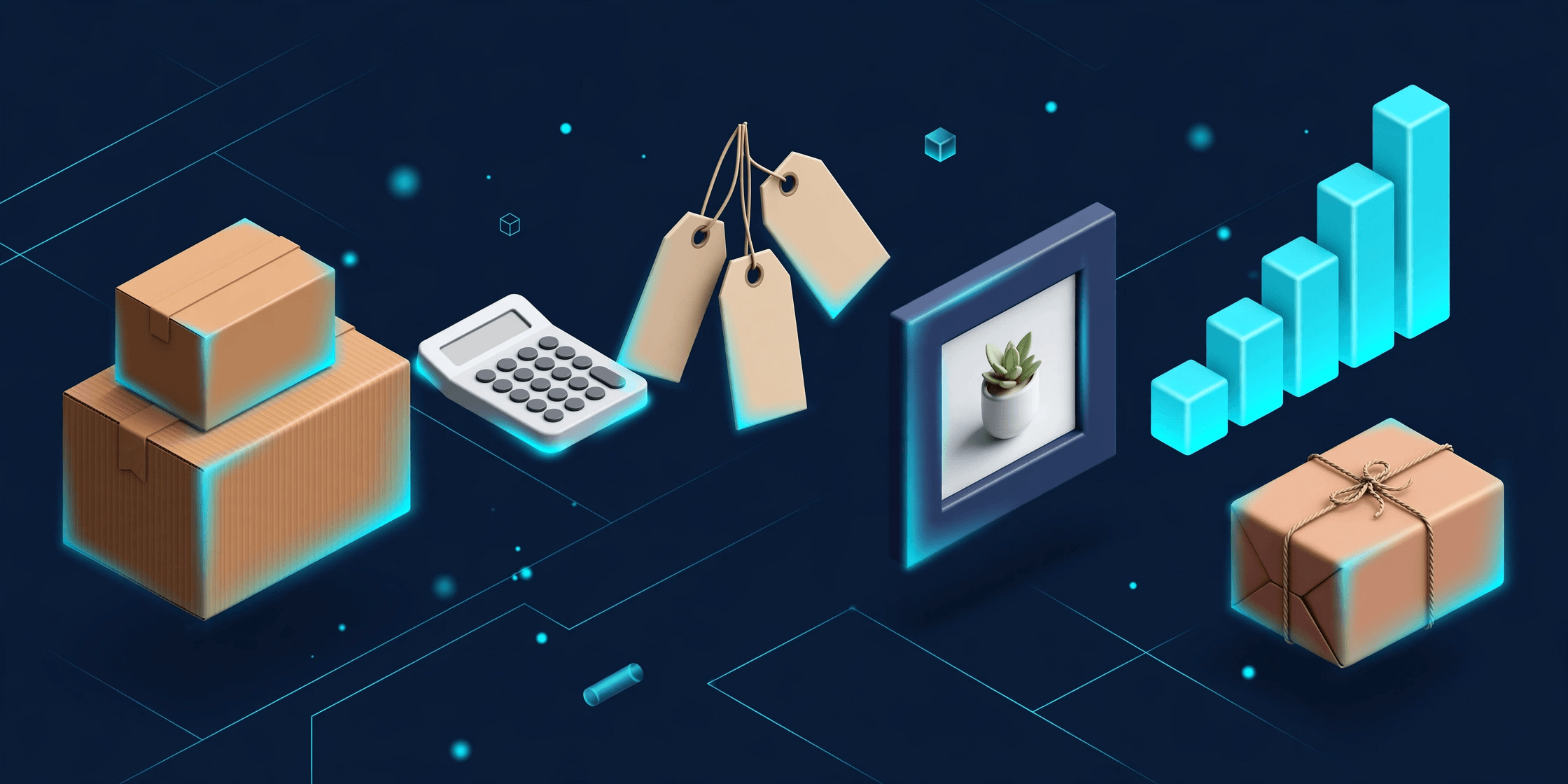 3D illustration of ecommerce seller tools: shipping boxes, calculator, price tags, product photos and sales charts